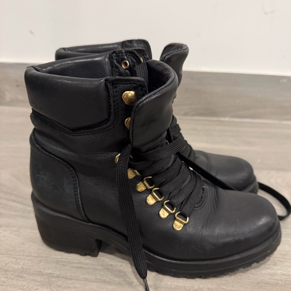 Steve Madden Black Leather Combat Boots with Gold Accents